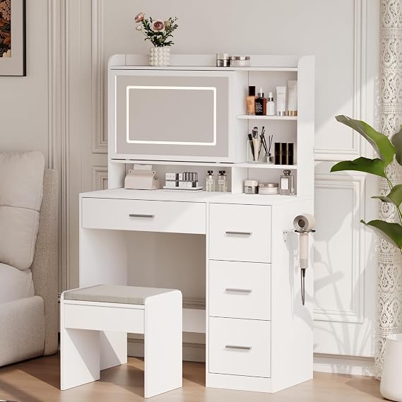 Viaozutis Vanity Desk with a Mirror and Lights,with Chair and Four Drawers, Three Adjustable Lighting Modes,with Power Outlet and Sliding LED Mirror,Bedroom Vanity Desk (White)