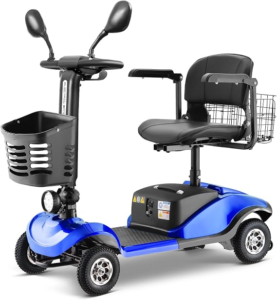 Blue 4 Wheel Folding Mobility Scooter, Electric Power Mobile Scooters for Seniors Adult with Lights Collapsible and Compact Duty Travel Scooter with Basket and Extended Battery