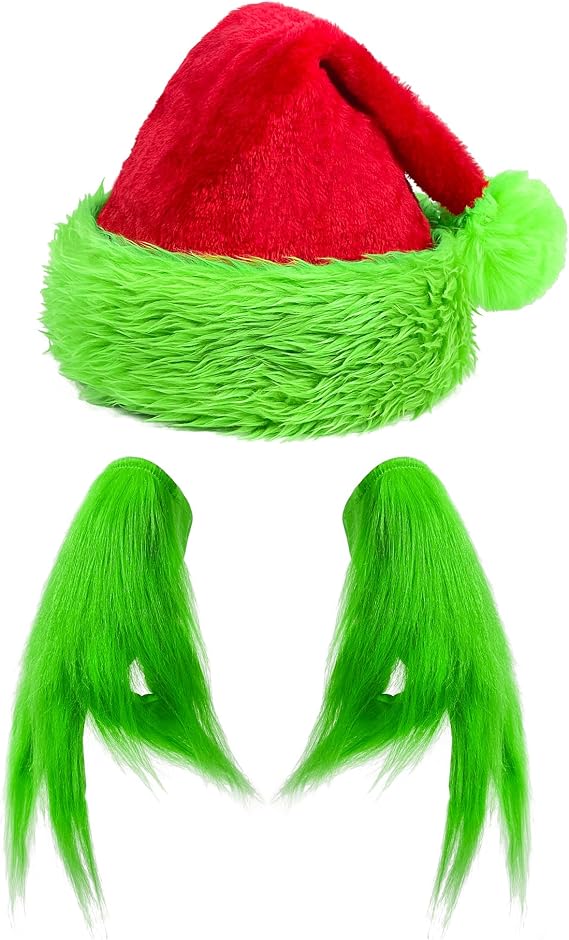 Hikkcos Green Gloves Adult and Christmas Santa Hat Green Furry Gloves Halloween Monster Costume for Cosplay Accessory Halloween Christmas Party Supplies