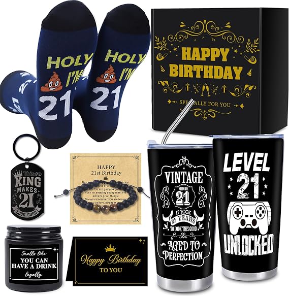 Keluna 6Pcs 21st Birthday Gifts for Him 21 Years Old Son Grandson Brother | 20Oz Insulated Tumbler, Soft Sock, Bracelets, Keychain, with Lid Straw Brush, Leak Proof, Spill Proof, Fits Cup Holders
