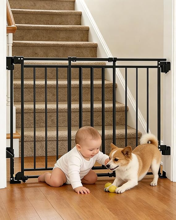 Extra Wide Baby Gate for Doorways 29 Tall Safety Gate for Kids&Pets,Pressure Mounted with Auto Close,Walk-Thru Metal Gate,Adjustable Width 26.4-43,Indoor Pet Gate for Stairs & Hallways Black