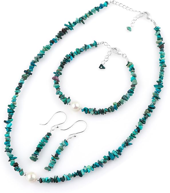 Natural Gemstone Nugget Beads Jewelry Set for Women, Silver Plated Choker Necklace, Bracelet & Dangle Earrings Combo, Handmade Polished Stone Boho Jewelry Gift for Her