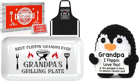 Gifts for Grandpa from Granddaughter Grandson - FunnyGrandp Grilling Platter Apron Gift & Mini Handmade Crochet Penguin Gifts,Best Grandpa Christmas Gifts Grandpa Birthday Gifts for Grandpa Papa