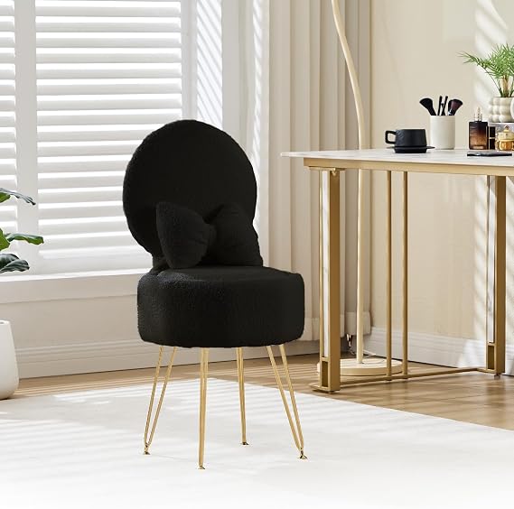 Dressing Table Chair with Stroage Space, Vanity Chair, Black | Sherpa Fleece Vanity Stool with Metal Legs, Dressing Table Stool with Pillow & Foldable Backrest, Accent Chair for Bedroom