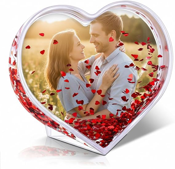 CroBlissful Custom Snow Globe 3.74 x 3.54 Inch Heart Shaped Acrylic Liquid Valentine's Day Glitter Picture Frame Photo Gifts for Family Friends Couples