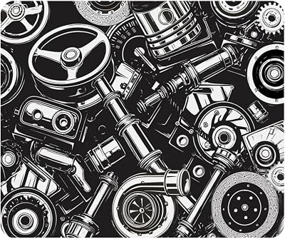 Gaming Mouse Pad Pattern Automobile Car Parts Monochrome Black and White Auto Automotive Non-Slip Rubber Mouse Pad for Computers, Laptop, Office 9.5 Inch x 7.9 Inch