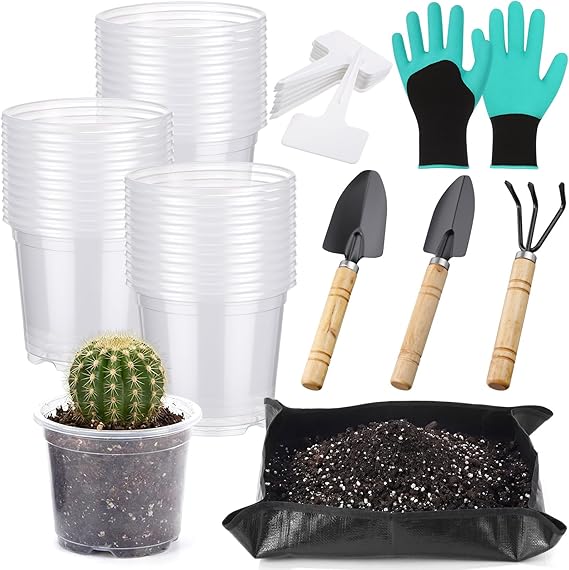 83 Pcs Garden Supplies Tools Kit, 3 Inch Clear Plastic Plant Pots with Transplanting Mat, Trowel Cultivator Rake Set, Label & Glove, Succulent Tools Gift for Plant Lovers Accessory