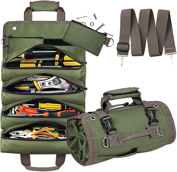 Roll Up Tool Bag, Heavy Duty Portable Soft Tool Storage with 2 Detachable Pouches,guy gifts for Him Dad Men Mechanic Welding, Green