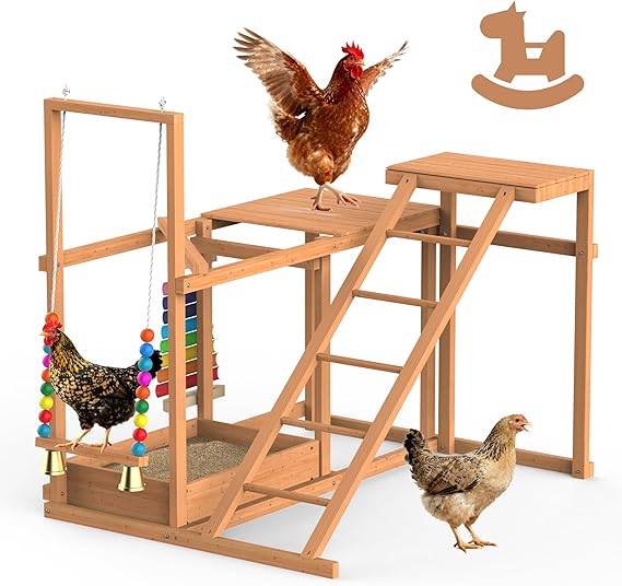 Chicken Coop, Chicken Perches with Swing Toy & Ladder & Platforms & Food Storage, Poultry Coop Cage Accessory Toy Outdoor for Entertainment Backyard Farm