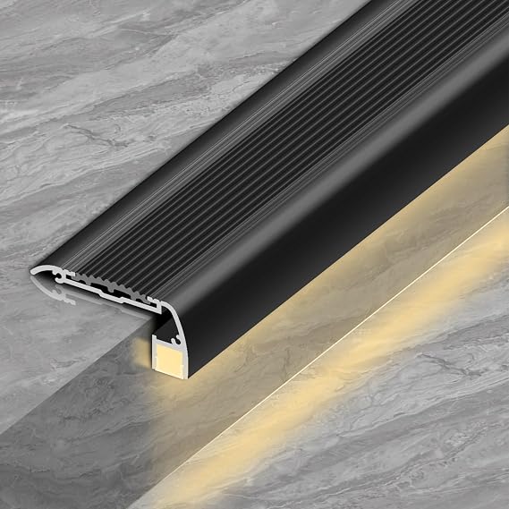 6 Packing LED Round Edge Stair Nosing for Tiles Anti-Slip Step Lighting Profile-Lights Down Aluminum Channel for Flush Strip Stair Profile Staircase Surface Mounted Aluminum Step for Theater