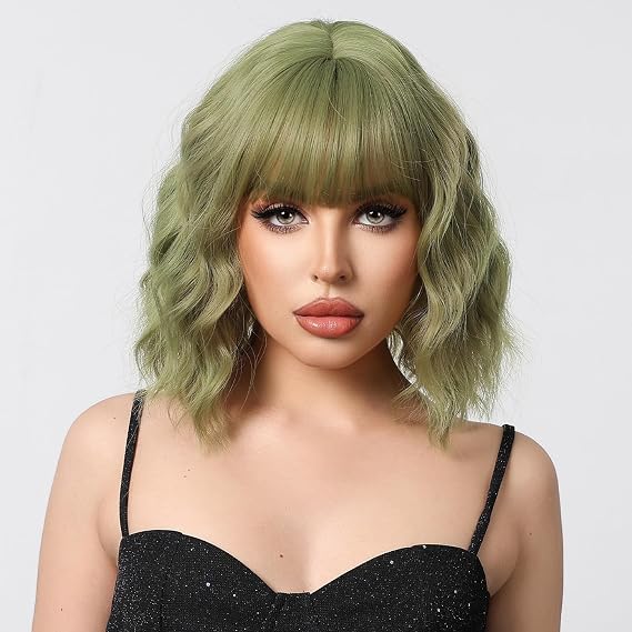 BERON Short Green Wigs for Women Curly Wavy Wig with Bangs Girls Avocado Green Colored Hair Wigs 12'' Women's Synthetic Wig Daily or Cosplay Use