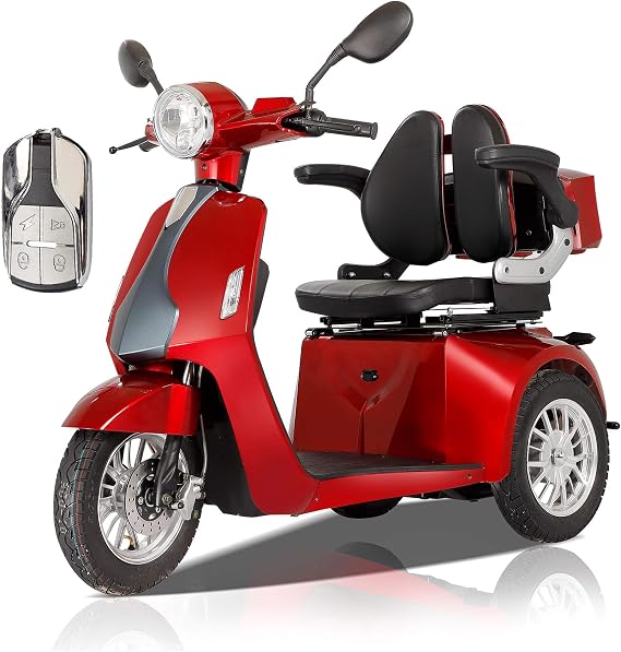 Mobility Scooters for Adults & Seniors, Heavy Duty 3-Wheel 3-Speed Electric Powered Wheelchair Device, Elderly w/Rear Lock Box Adjustable Seat & Universal Adjustment Backrest (800W / Red)