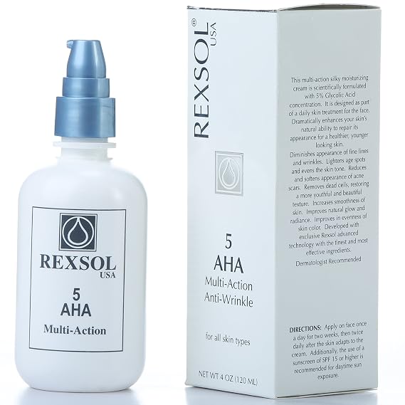 REXSOL 5 AHA Multi-action Anti-Wrinkle Cream | With Vitamin E, Algae Extract, Ginseng Extract, Calendula Extract,Caviar Extract | Diminishes appearance of fine lines & wrinkles (120 ml / 4 fl oz)