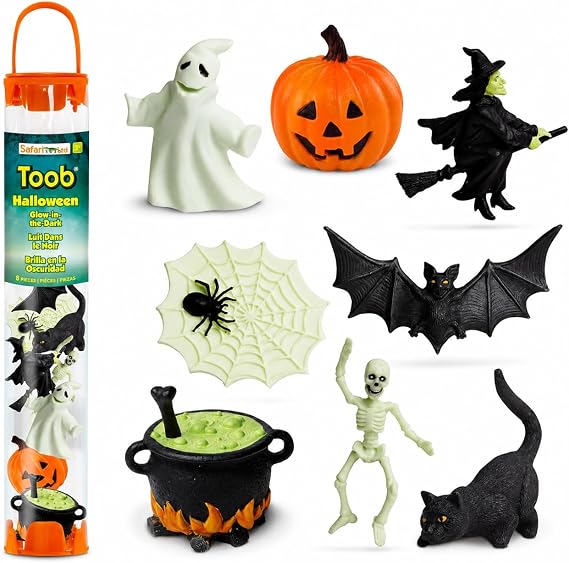 Safari Ltd. Glow-in-the-Dark Halloween Toob - Mini Figures: Bat, Cat, Skeleton, Ghost, Witch, Cauldron, Spider, Pumpkin - Educational Toy Figures For Boys, Girls & Kids Ages 3+