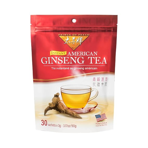 Prince of Peace Instant American Ginseng Tea, 30 Sachets Healthy Drink, Caffeine-Free Energy-Boosting, Heavy Antioxidants, Made in the USA, Plant Extracts