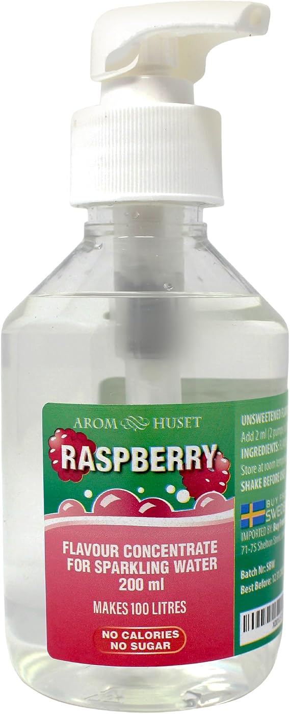 Aromhuset Raspberry Sparkling Water Flavouring Drops 200ml - With Pump Bottle - Makes 100 Litres with 1-500 - Zero Sugar & No Calories - Just Add 2 Pumps to 1 Litre Sparkling Water