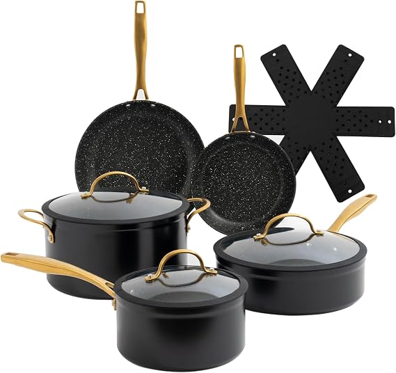 Induction Base Nonstick Pots & Pans Set 9pc Non Stick Kitchen Cookware Black and Gold Saucepan Pot and Frying Pan
