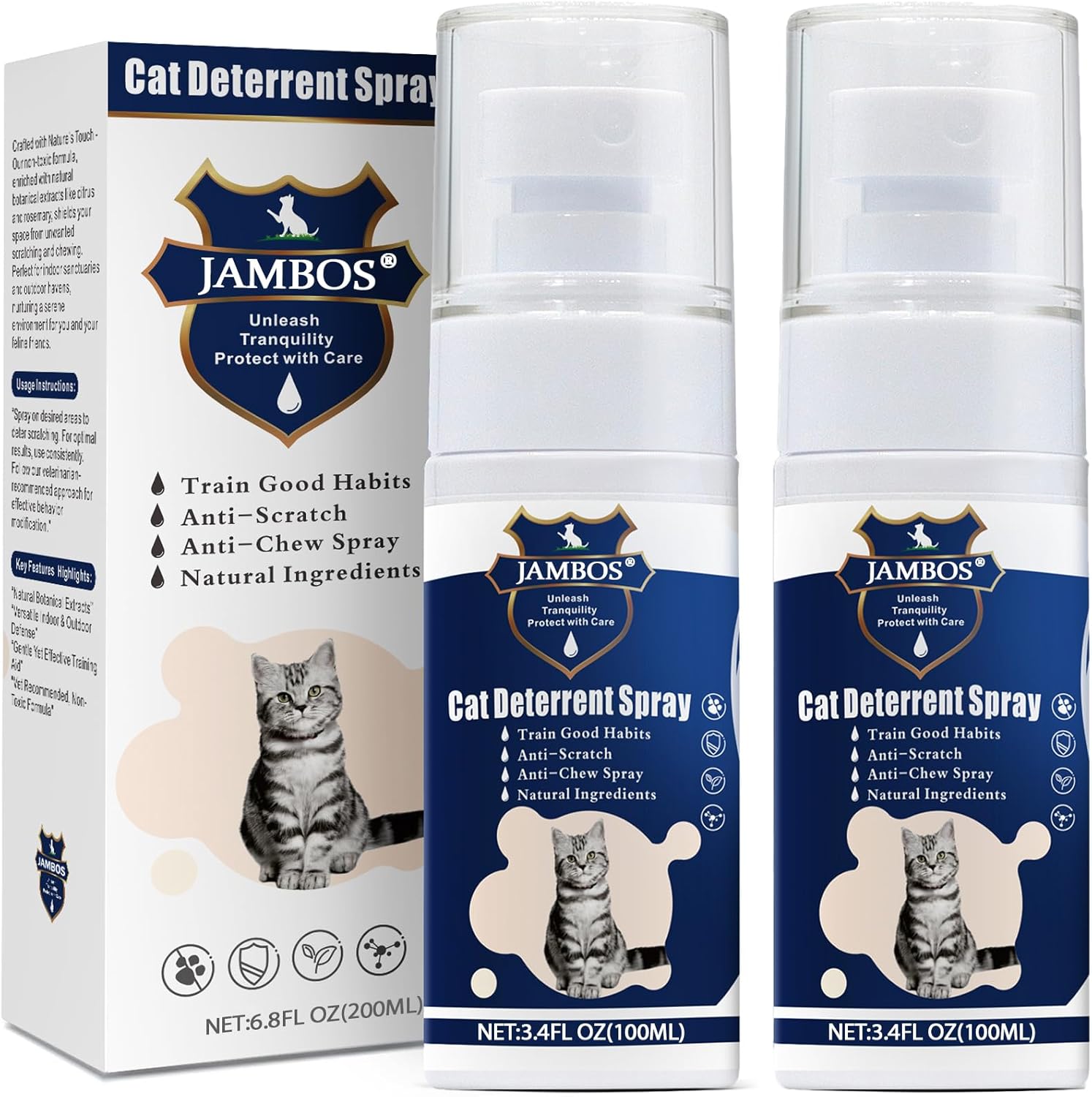 2 Bottles Cat Deterrent Spray – Natural, Non-Toxic Anti-Scratch Spray for Cats & Kittens – Indoor & Outdoor Pet Training Aid – Furniture & Carpet Protector Blue, M