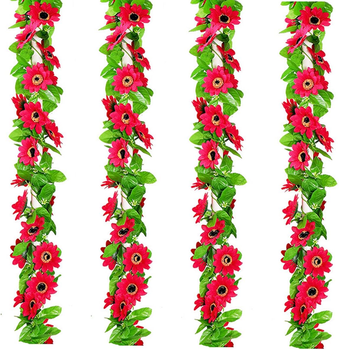 4 Pack Artificial Sunflower Garland Silk Sunflower Vine 12 pc Flower Heads Green Leaves 102 Outdoor Fake Hanging Plants Garland Porch Balcony Home Garden Party Wedding Table DecorRed