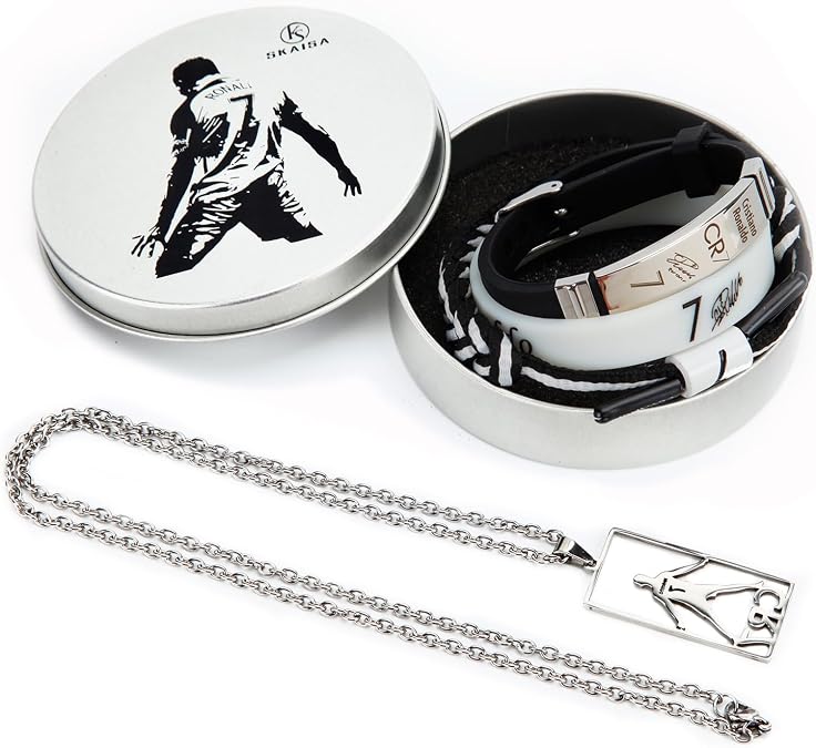 Set of 4 Ronaldo Stuff, Ronaldo Necklace and Signature Wristband Set | Black Titanium Steel Wristband, Hand Weave Bracelet, Cris-tiano Ronaldo Merch, Ronaldo Jersey No. 7 Collection Metal Gift Box