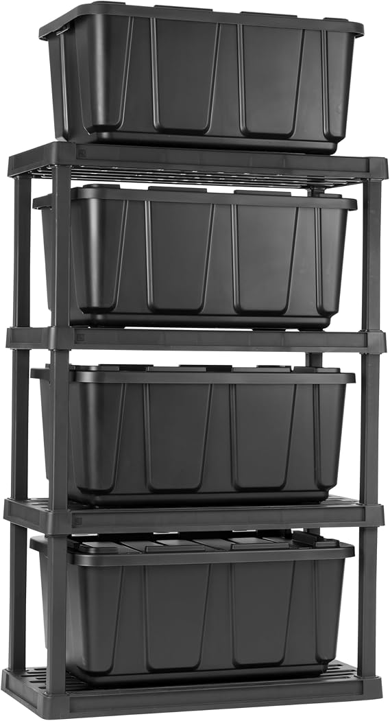 IRIS USA 4-Tier Heavy Duty Plastic Shelving Unit and Heavy Duty Storage Tote Bins, Modular Shelf Garage Rack Organizer + (4-Pack) 27 Gallon Storage Containers, Black