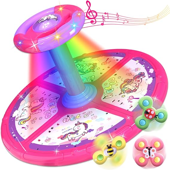 LITTCO Sit and Spin Toy for Toddlers 3-5 Years Old, 360 Spinning Sensory Toys with Lights & Music, Includes 3 Suction Cup Spinners, Birthday Gifts for Boys Girls (Pink Unicorn)