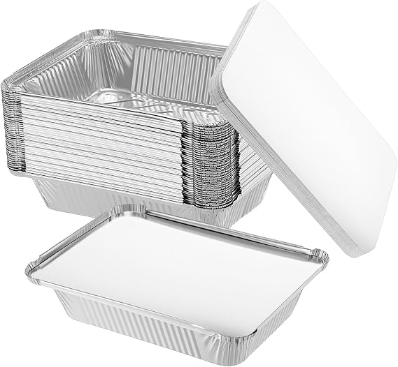 Kifmurase 50 Pcs Aluminum Pans with Lids, 8.5"x6.5" Disposable Tin Foil Pan 2.25LB to Go Food Containers for Cooking Heating Roasting Take out Freeze Meal Prep