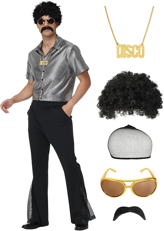 70s Outfits for Men 7pcs Disco Outfit Men Retro Costume for 70's Theme Clothes Party