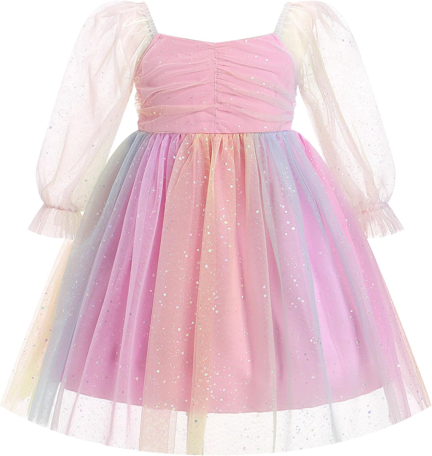IDOPIP Toddler Baby Girls Dresses Long Puff Sleeve Pageant Mesh Tutu Dress Infant Wedding Baptism Photo Shoot Tulle Dress