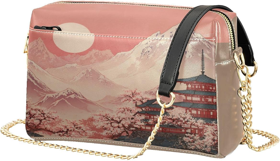 Mountain Cherry Blossom Coral Crossbody Purses for Women Leather Small Coss Body Phone Purses Women's Handbags Shoulder Bags for Woman with Chain Strap