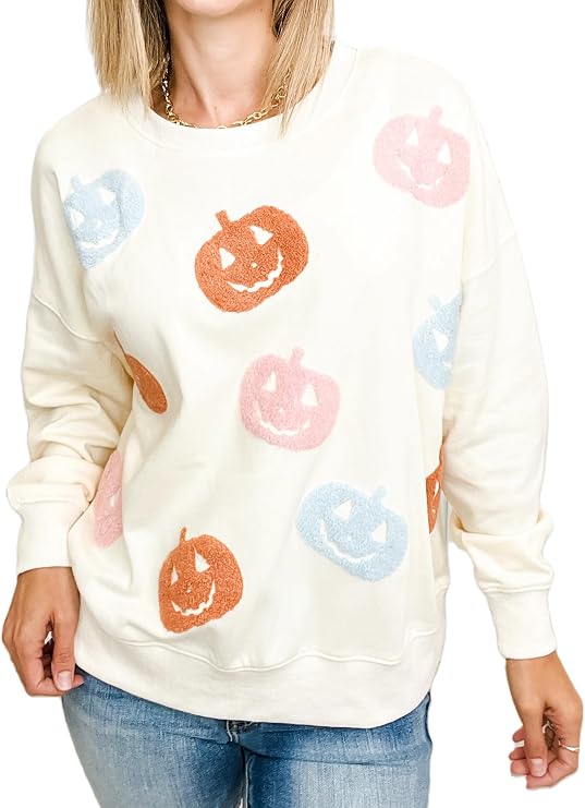 Women Halloween Crewneck Sweatshirts Cute Graphic Long Sleeve Sweater Shirt