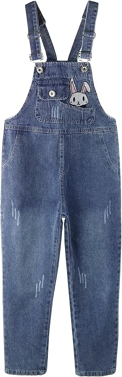 KIDSCOOL SPACE Big Girls Denim Overalls, Fake Pocktes Simple Design Summer Loose Fit Jeans Workwear