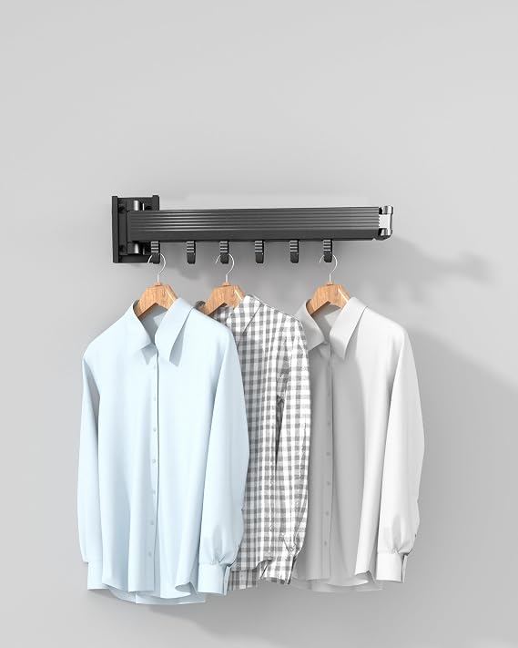 Wall-Mounted Retractable Clothes Drying Rack, Black, Two-Fold | wall-mounted, retractable two-fold design, space-saving and collapsible, for laundry rooms, balconies and bedrooms