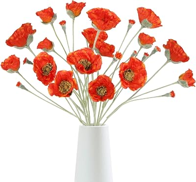 6PCS Orange Poppy Flowers Artificial 30 Heads 26.77in Faux Poppy Flowers Silk Flowers with Long Flocking Stems Flowers for Wedding Party Home Office DecorationOrange