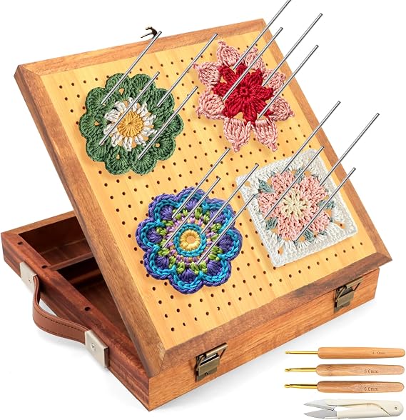 ZOCONE 12.0" Bamboo Crochet Blocking Board with 22 Pegs and 3 Types of Crochet Hooks, Granny Square Blocking Board for Crochet Projects with Storage, Wood Crochet Gifts for Crocheters