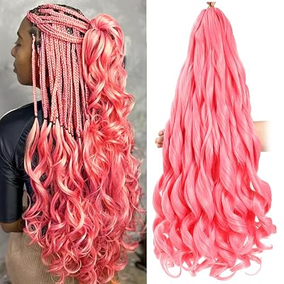 French Curly Braiding Hair 24 Inch Pink Color - Pre Stretched Bouncy Braiding Hair- Loose Wavy Synthetic Hair Extensions For Black Women 24 inch 2 packs, Pink