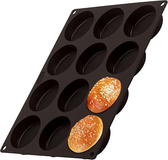 LURCH Germany Flexiform Non Stick Silicone Hamburger Bun Baking Pan | Perfect Mold For Little Cakes Or Bread | 12 Cavities For Small Burger Buns - Brown ( 2.4" Buns)