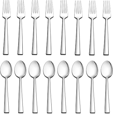 LIANYU 16-Piece Forks and Spoons Silverware Set, 8 Dessert Forks 6.7 Inch and 8 Teaspoons 6.7 Inch, Stainless Steel Square Flatware Cutlery Set for Home Kitchen Hotel, Dishwasher Safe