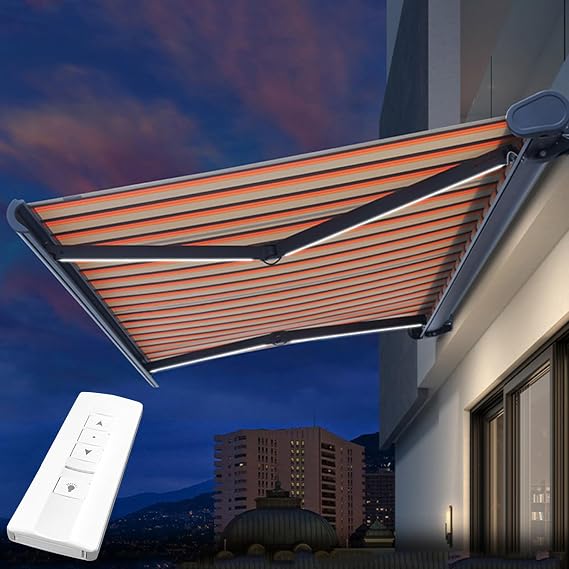 Patio Awning Retractable, Motorized Electric Sun Shade Awning with LED Light, Remote Control, Waterproof UV/Heat Resistant, Deck Canopy Balcony Sunsetter, Commercial Grade,10x5FT