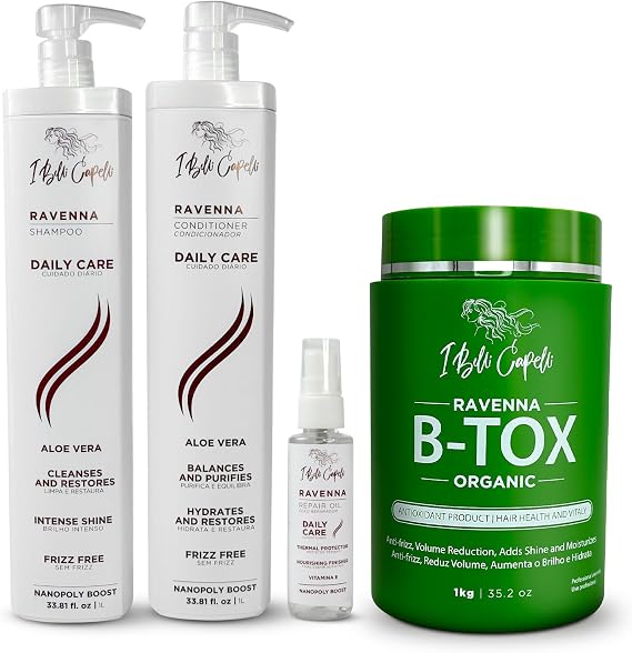 I Belli Capelli Ravenna Hair Straightening Kit – Organic Hair B-tox, Aloe Vera Shampoo & Conditioner, Repair Oil – Anti-Frizz, Intense Hydration, Shine – Formaldehyde-Free –For All Hair Types (4-Pack)