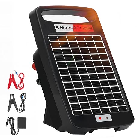 5 Miles Solar Powered Electric Fence Charger, 0.11J Portable for Livestock | 24/7 Day/Night Mode, Portable Solar Panel/AC Dual Power, 10200V Output,Weatherproof, Easy Setup, Deters predators for Gardens