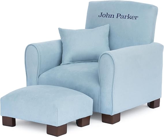 Toddler Personalized Chair, Kids Upholstered Rocking Chair with Personalization, Toddler Armchair with Personalized Name, Comfy Child Armchair, (Light Blue Suede, Legs)
