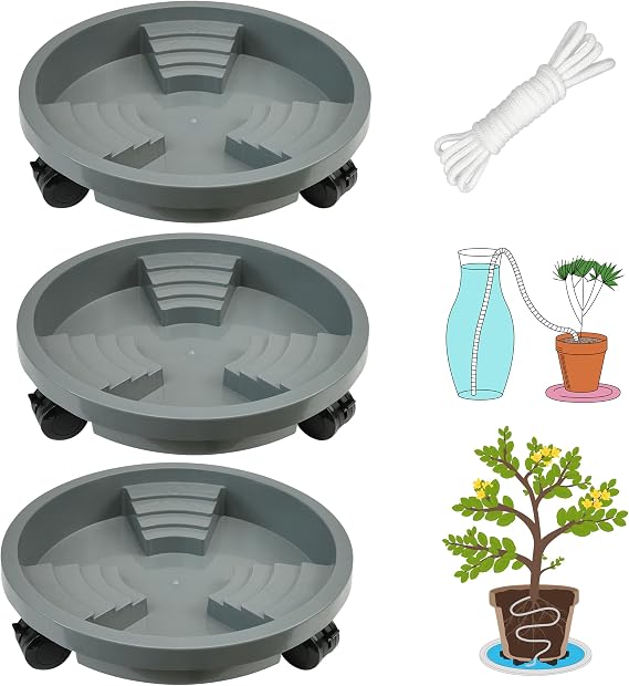 ORIMERC 3 Pack Plant Caddy with Wheels Heavy Duty 12 inch Plant Saucer Self-watering Design, Movable Wheeled Round Planter Stand Coaster Trolley, Flower Pot Dolly Rack Tray on Rolling Caster Roller Indoor Outdoor