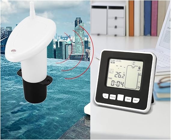 Liquid Level Meter, Ultrasonic Wireless Water Tank Liquid Depth Level Meter Sensor with Temperature Display Time Alarm Tank Empty Alert