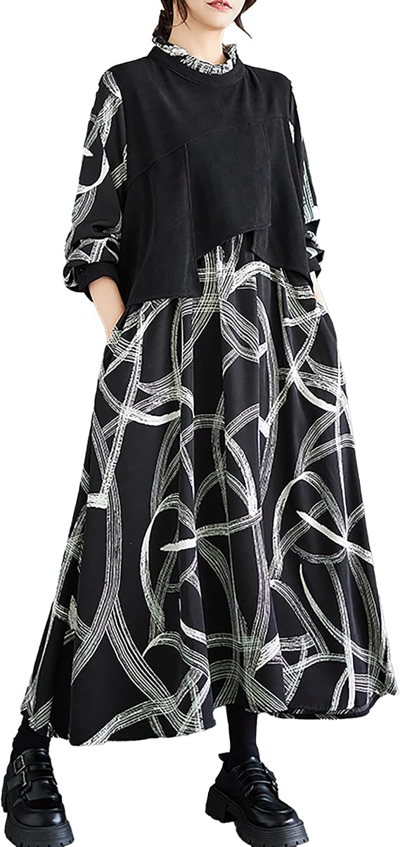 ellazhu Women's Dress Long Sleeve High Neck Random Strings Patchwork Black and White Pockets Loose GZ306 A