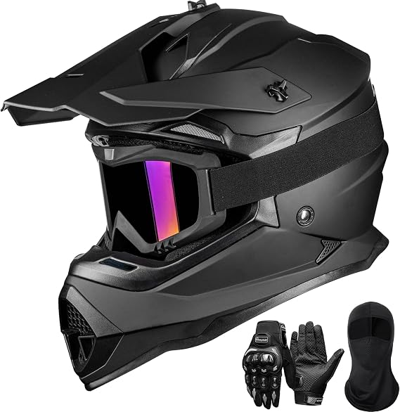 ILM Adult Dirt Bike Helmet DOT Approved, Full Face Motocross ATV Set WS901 | 5-Pc Kit Includes Face Mask Goggles Gloves Storage Bag, Adjustable Visor, Washable Liner for Electric dirtbike/Off-Road/UTV