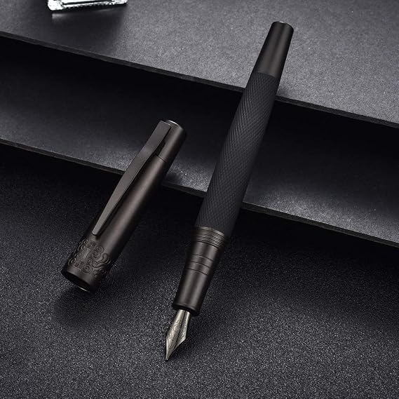 Pure Black Fountain Pen, PVD Coated Black Extra Fine Nib Solid Metal Pen, Metal Box Set by Hongdian