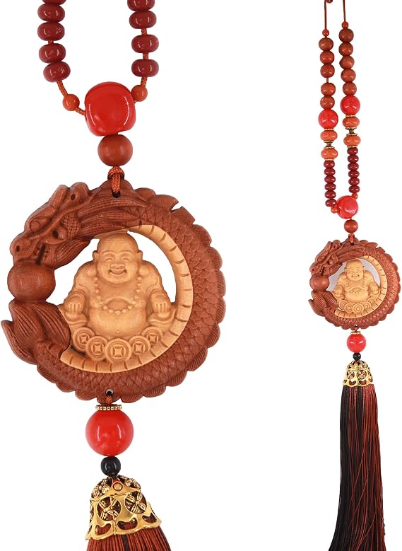 Protection Buddha Ornament for Car and Home,Chinese Fengshui Dec,Bring Positive Energy and Good Luck, Decorations,Peach Wood,Safe and Health (A Laughing Buddha)
