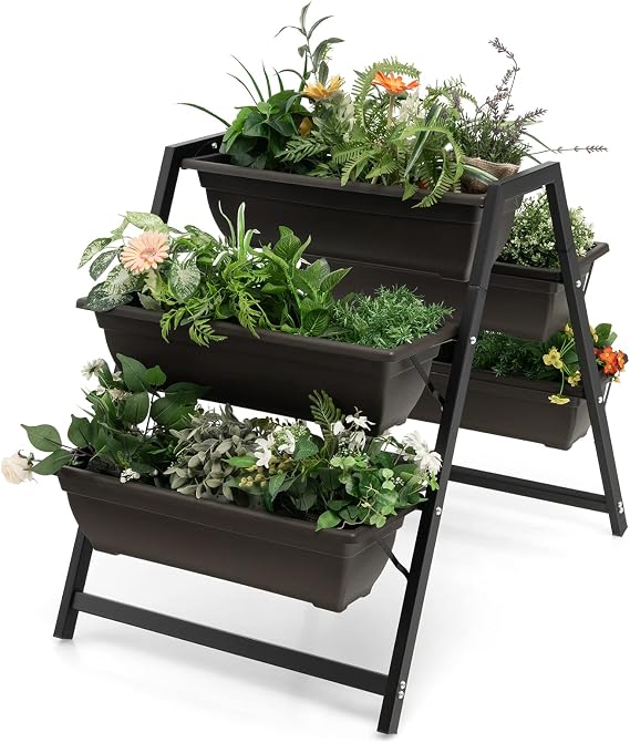 GIANTEX Vertical Raised Garden Bed, 5 Planter Boxes Container w/Drainage Holes, 31H Freestanding Heavy-Duty Metal Frame, Indoor Outdoor Raised Bed for Vegetables Herbs Flowers to Grow