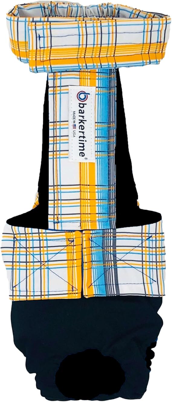 Blue Yellow Plaid on Black Dog Diaper Overall, XL, with Tail Hole - Made in USA